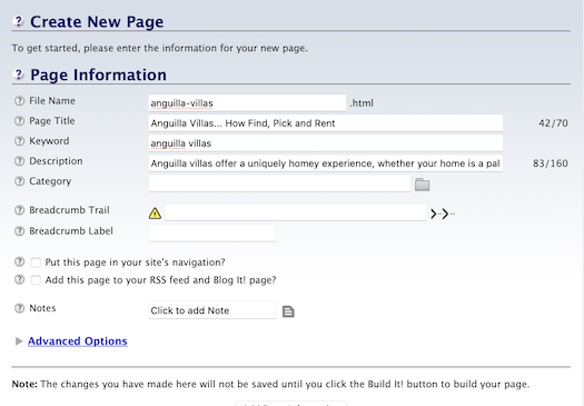 New page Page Information example