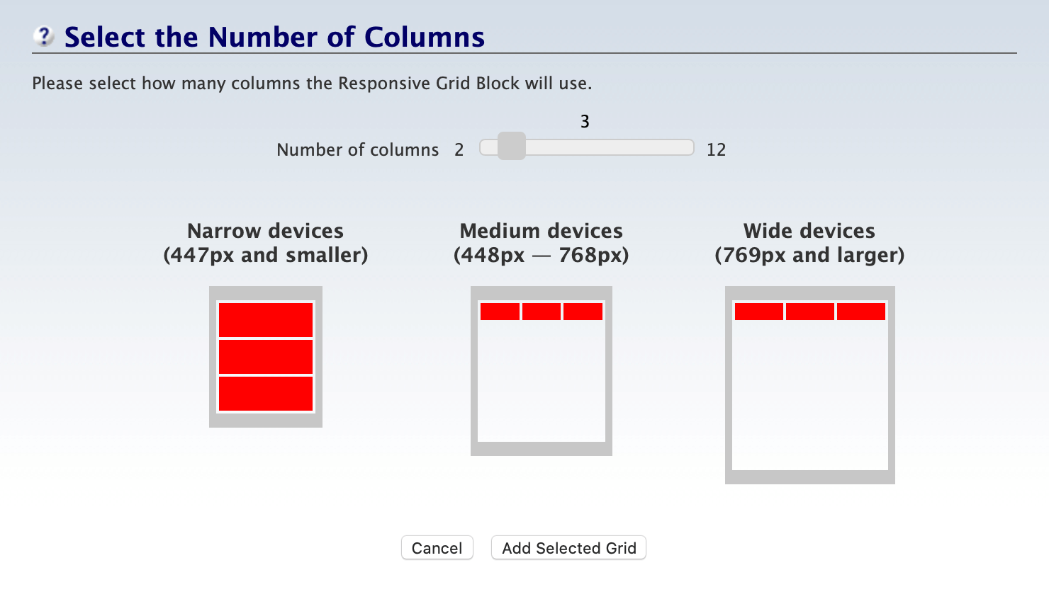 Overlay to select the number of columns to display