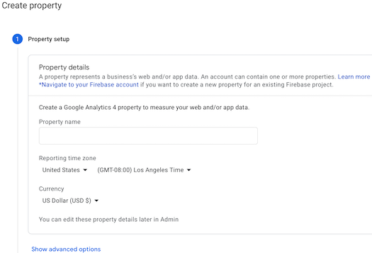 Google Analytics Create Property page